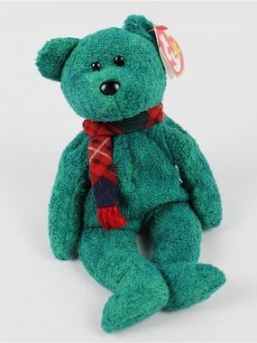 Ty Green Plush Bear with Red Plaid Scarf - Kids Toy